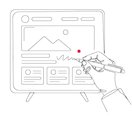 ページの構成を描く手と画面で、採用LPの制作を表したイラスト